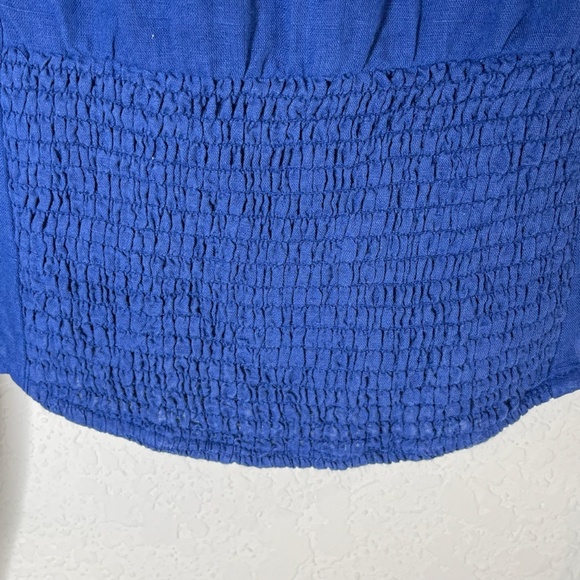 Free People Women Embroidered Floral Puff Sleeve Sz XS Blue Linen Button Peasant - Picture 8 of 8